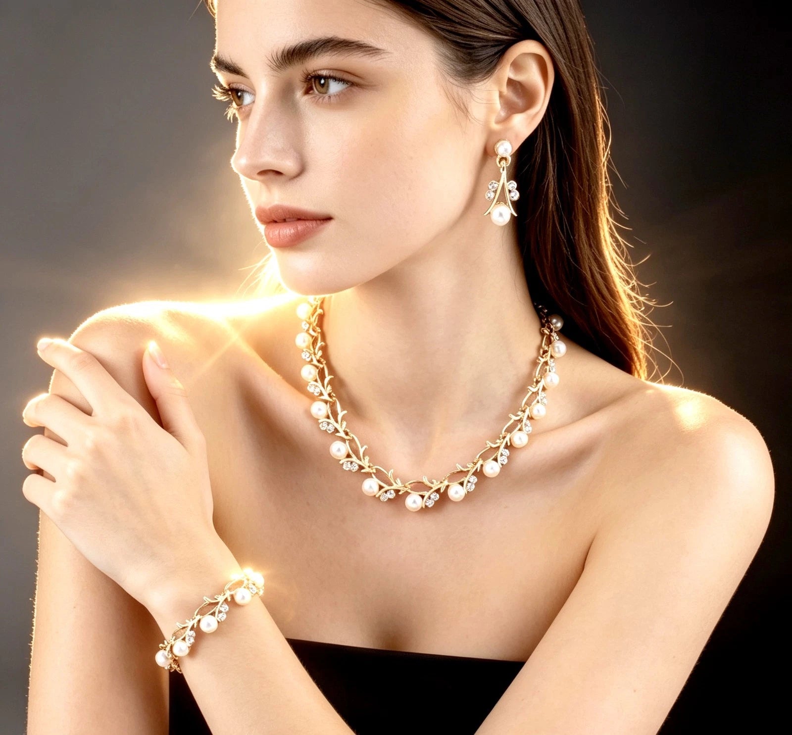 Completo Gioielli Foglie con Perle e Strass, Collana Bracciale Orecchini 3 PEZZI