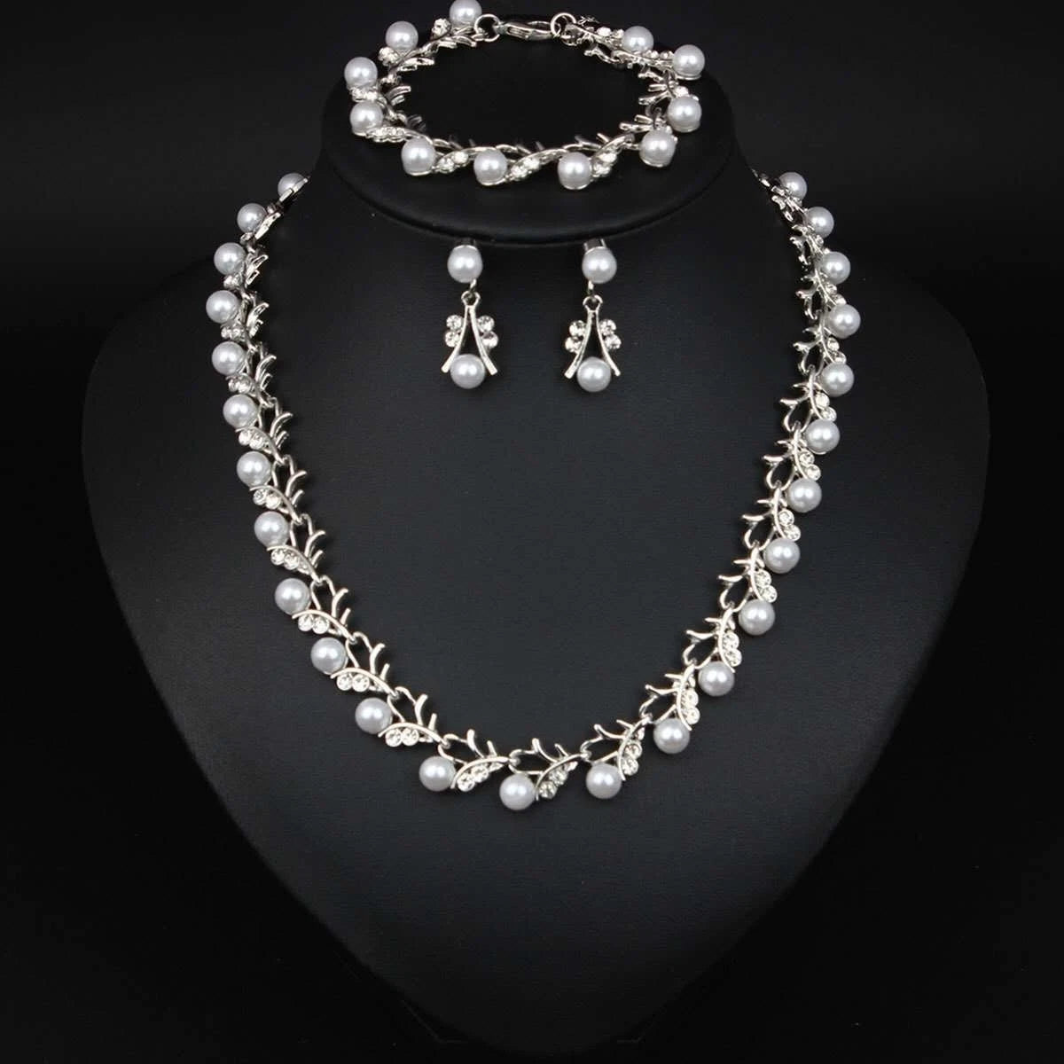 Completo Gioielli Foglie con Perle e Strass, Collana Bracciale Orecchini 3 PEZZI