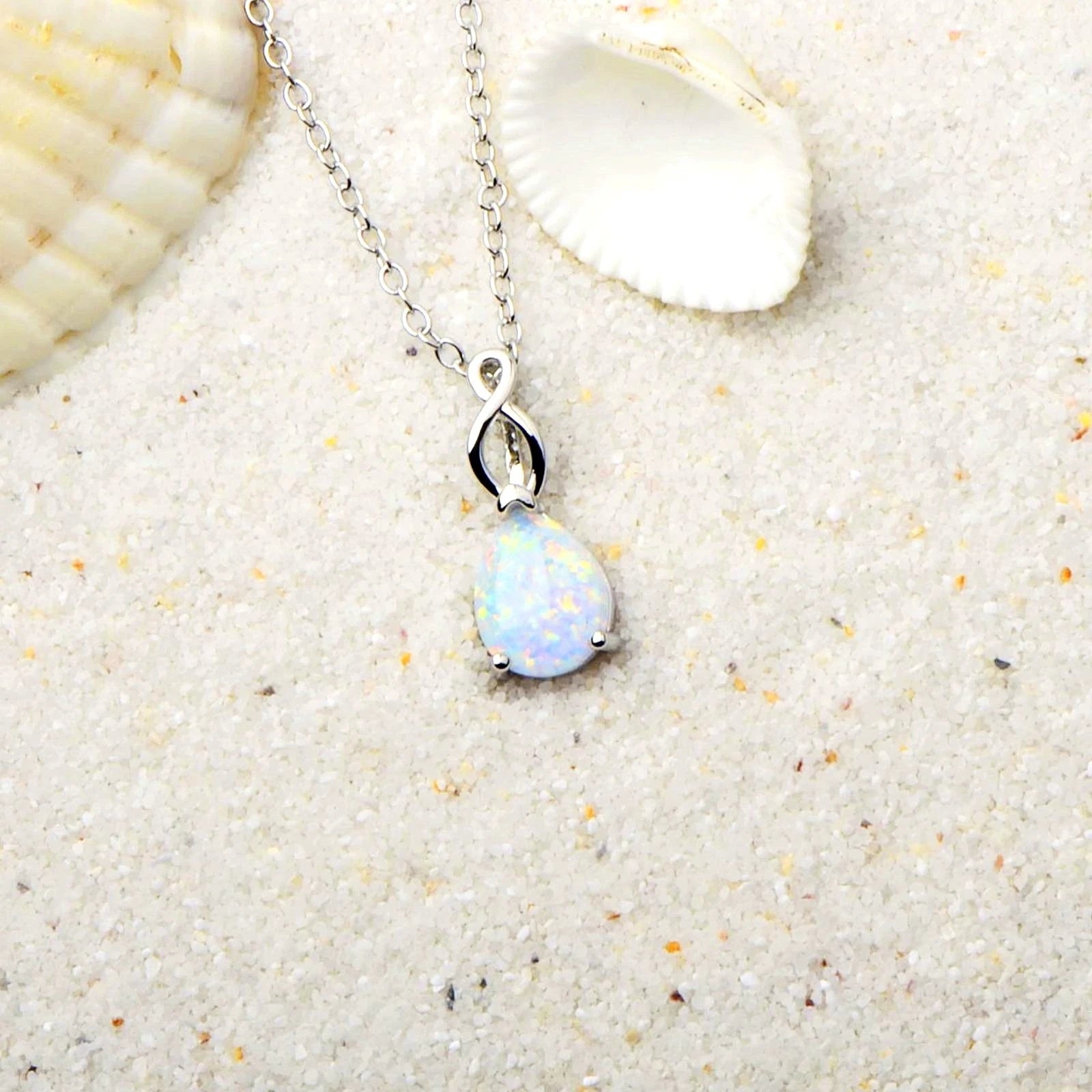 18K white gold plated necklace with teardrop opal