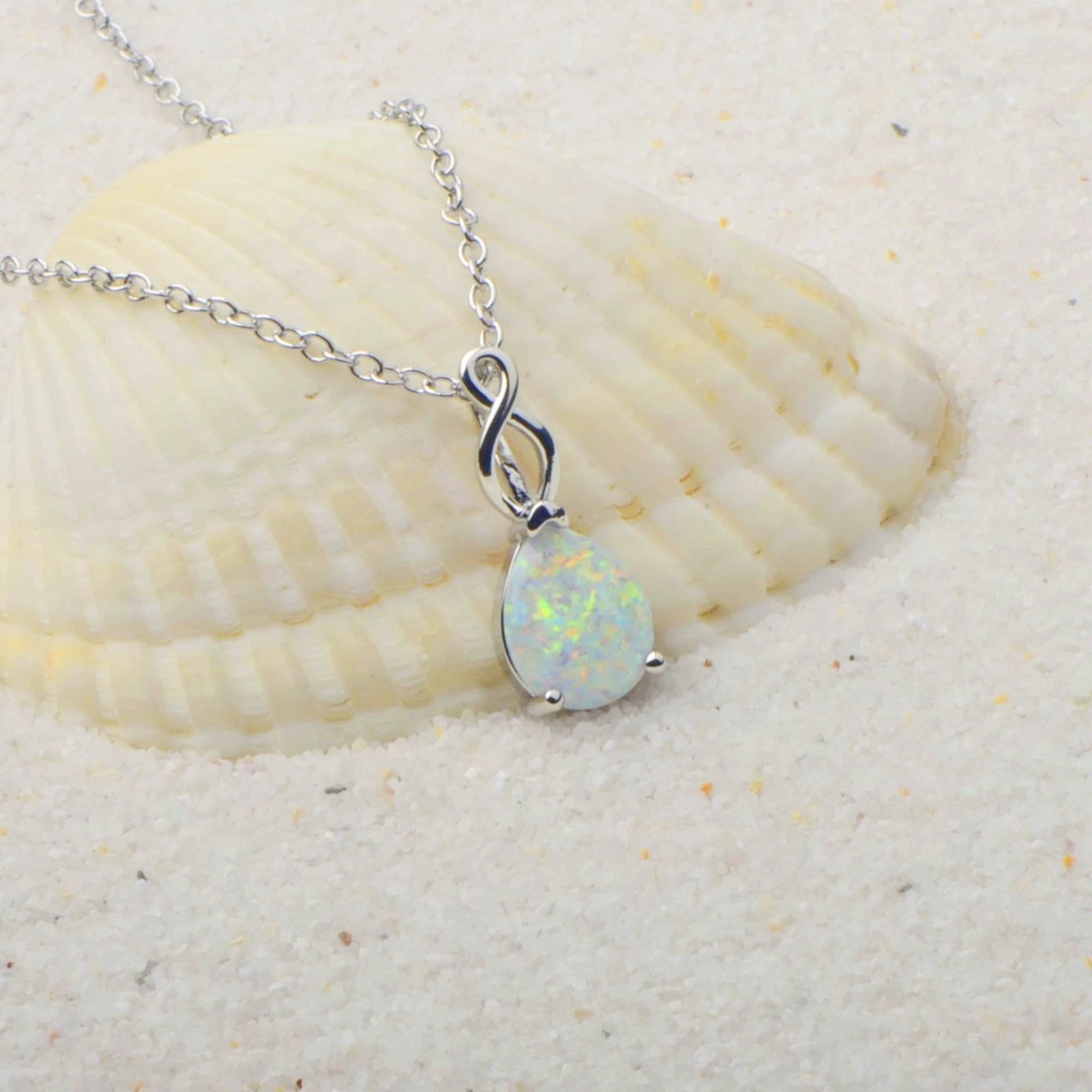 18K white gold plated necklace with teardrop opal