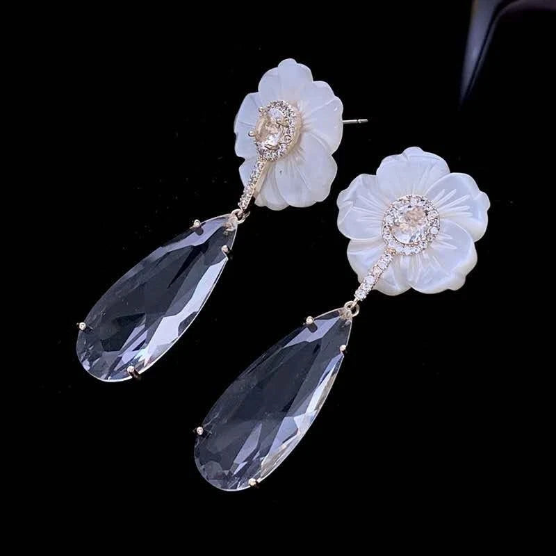 Shell, zirconia, and crystal flower and drop earrings (silver needle)