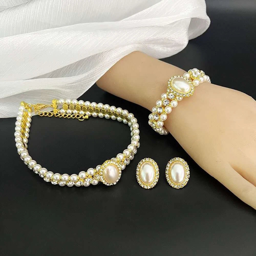 SET aus Zirkonia, Perlen und Diamanten, zweilagig, Vintage- und französischer Stil, 3 TEILE