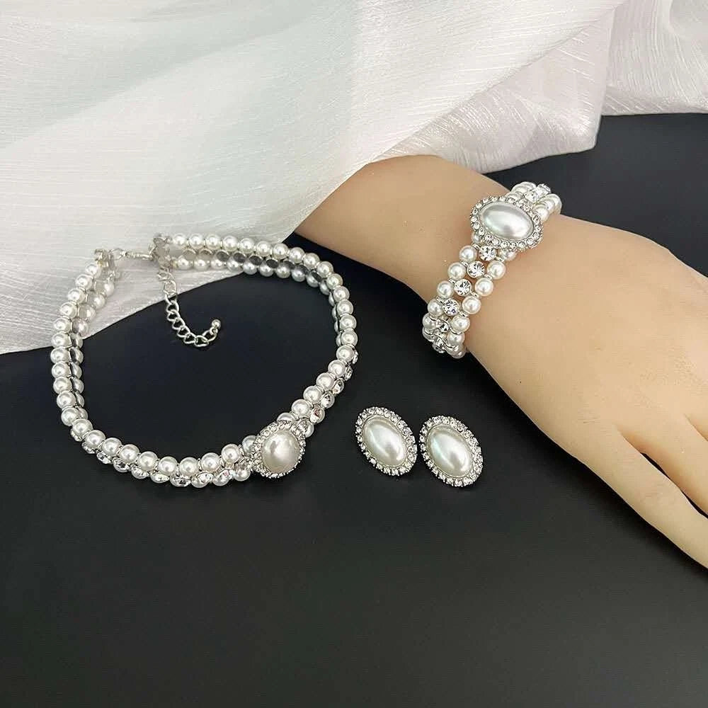 SET di zirconi,perle e diamanti doppio strato stile vintage e francesce 3 PEZZI