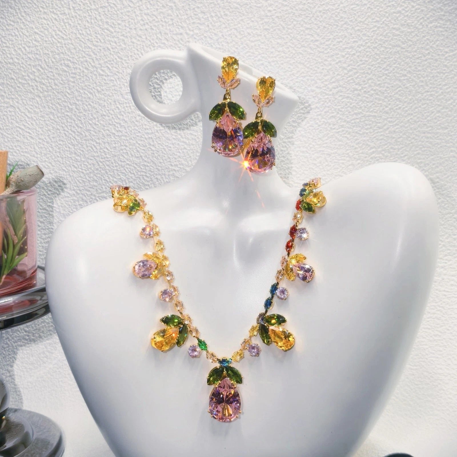 Fashion-Set, bunte Zirkonia, florale Motive, 2-teilig