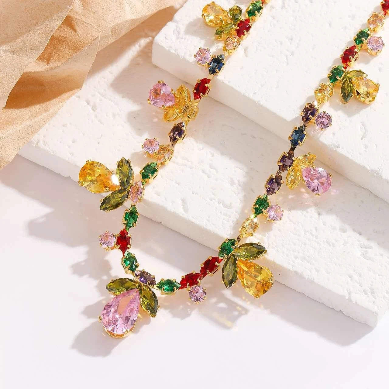 Fashion-Set, bunte Zirkonia, florale Motive, 2-teilig