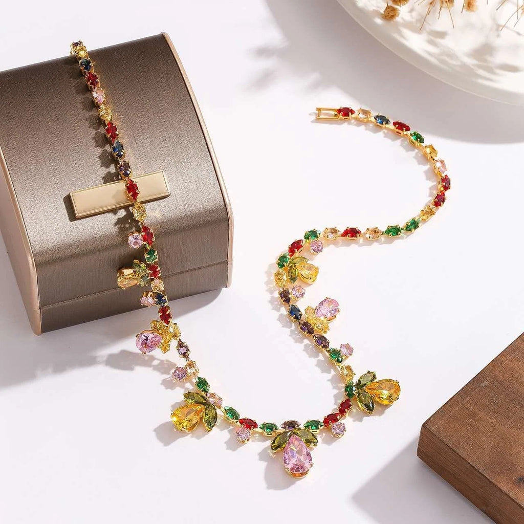 Fashion-Set, bunte Zirkonia, florale Motive, 2-teilig