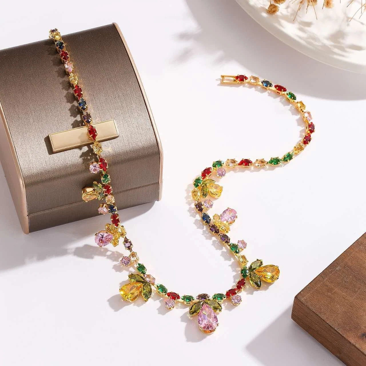 Fashion-Set, bunte Zirkonia, florale Motive, 2-teilig