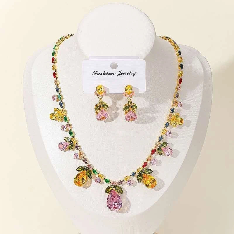Fashion-Set, bunte Zirkonia, florale Motive, 2-teilig