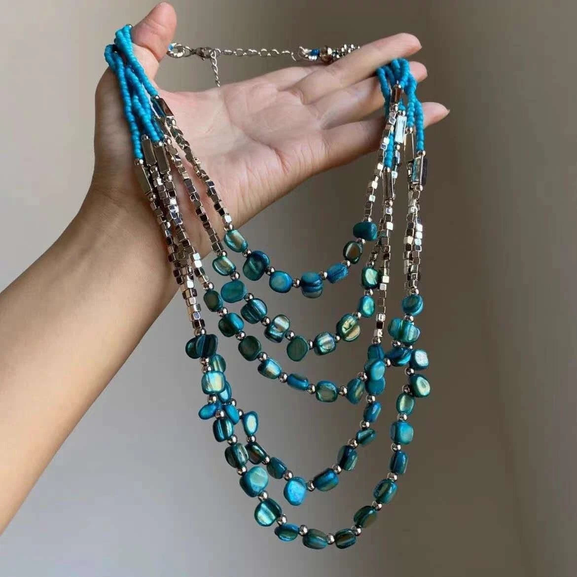 Set gioielli boho artigianale con perline, conchiglia naturale collana multifilo
