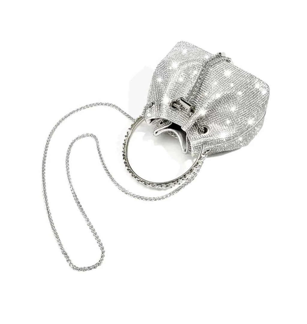 Evening rhinestone bucket bag with chain strap and rhinestone handle