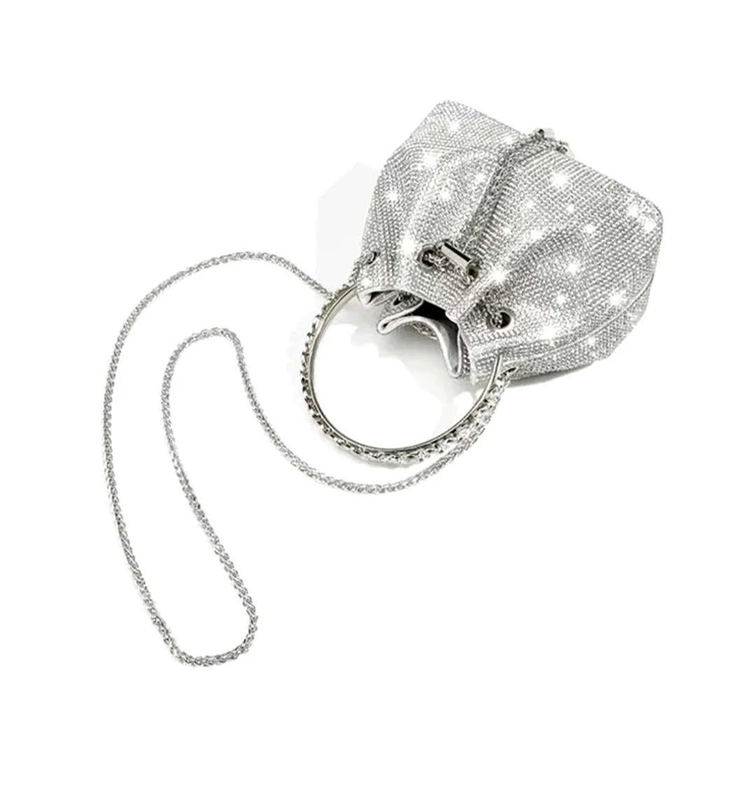 Evening rhinestone bucket bag with chain strap and rhinestone handle