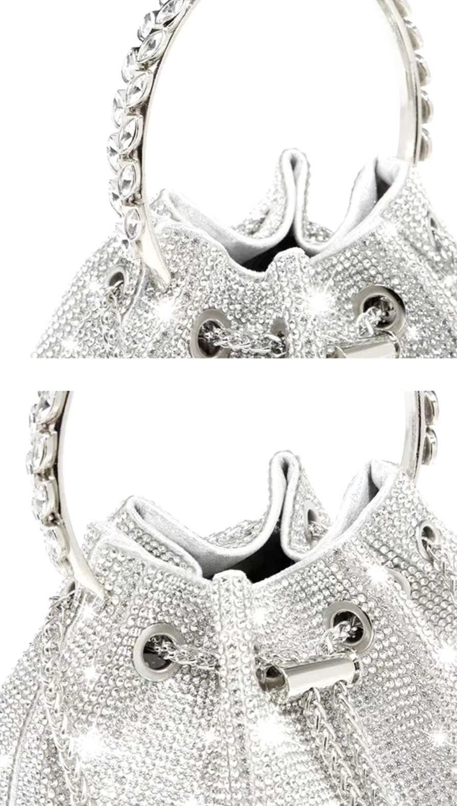 Evening rhinestone bucket bag with chain strap and rhinestone handle