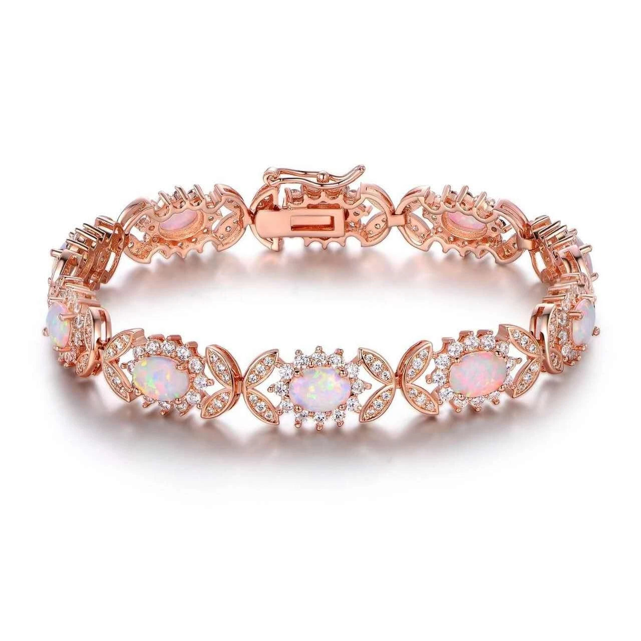 Bracciale in argento 925 con opale, bracciale a maglie floreali con zirconi