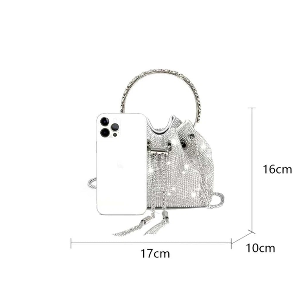 Evening rhinestone bucket bag with chain strap and rhinestone handle