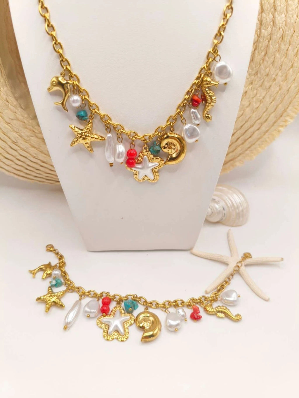 Set Necklace Bracelet Stainless Steel Gold Plated Turquoise Sea Star Charms