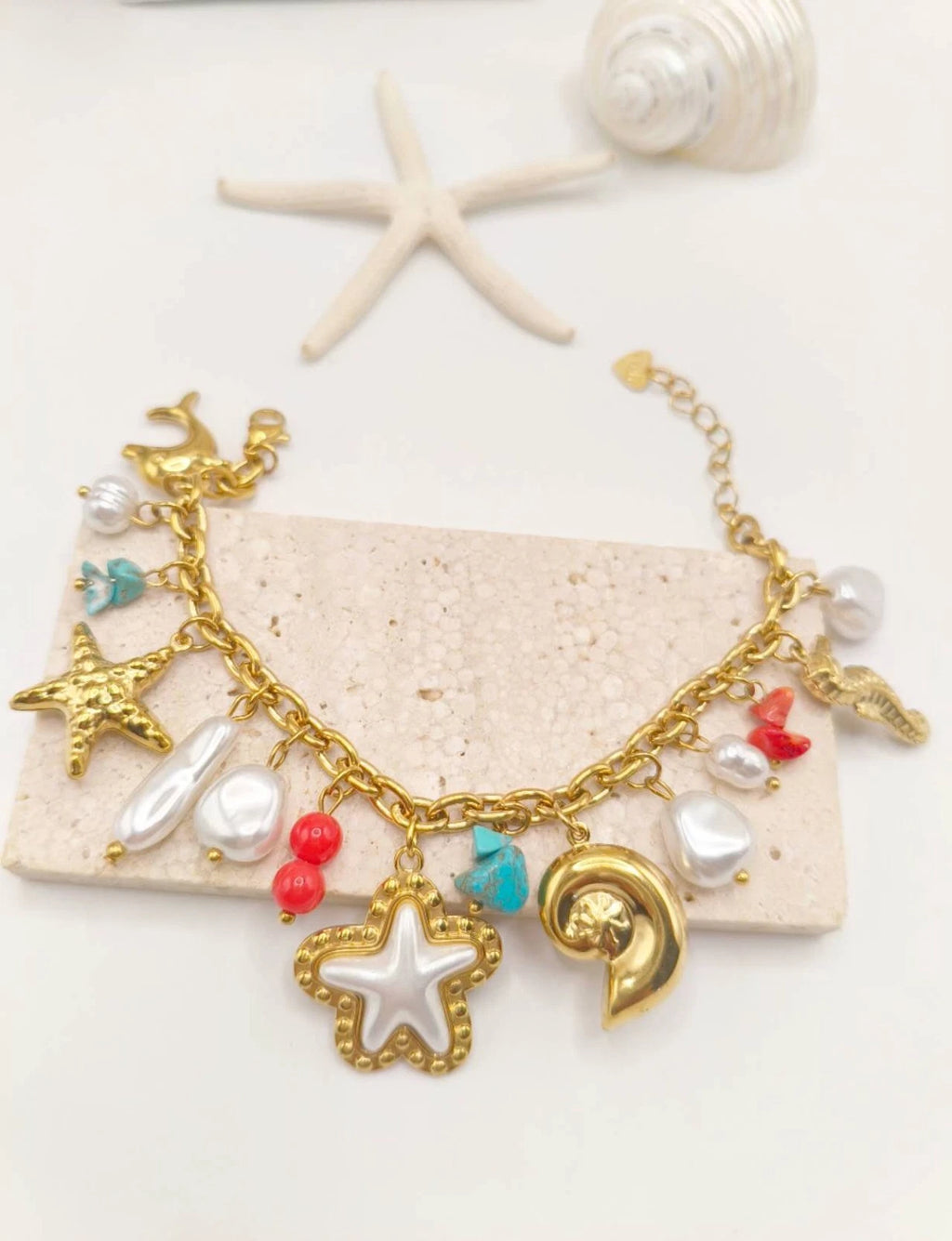 Set Necklace Bracelet Stainless Steel Gold Plated Turquoise Sea Star Charms