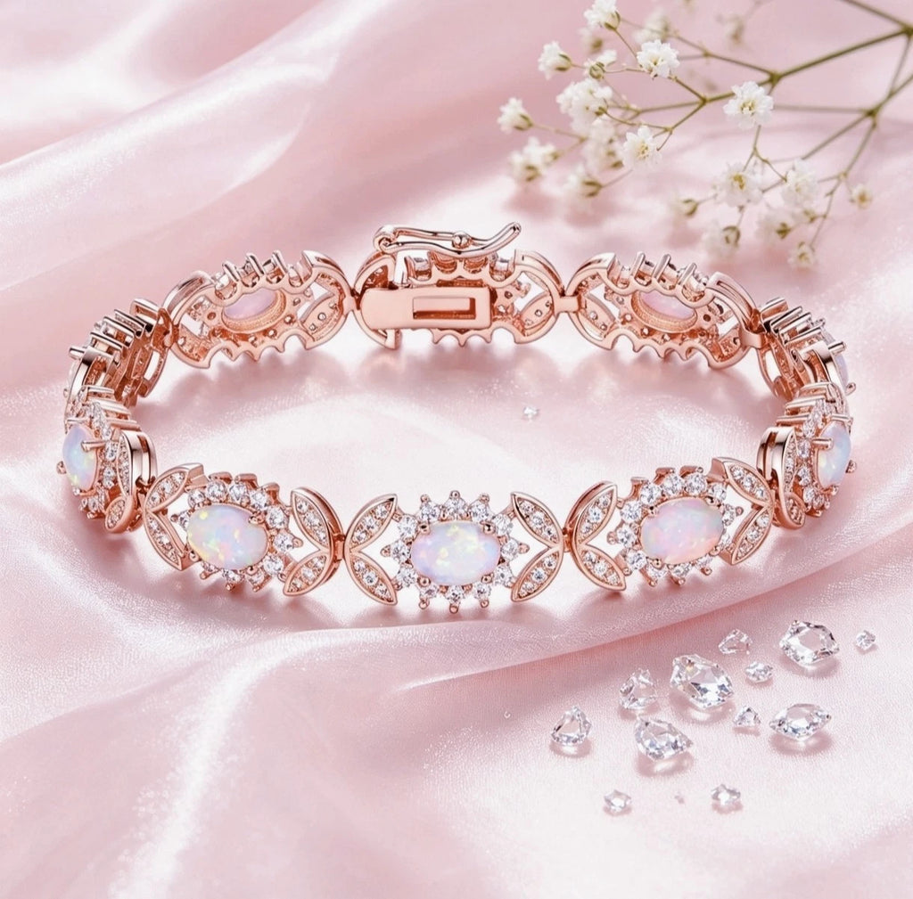 Bracciale in argento 925 con opale, bracciale a maglie floreali con zirconi