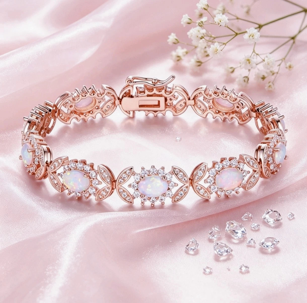 Bracciale in argento 925 con opale, bracciale a maglie floreali con zirconi