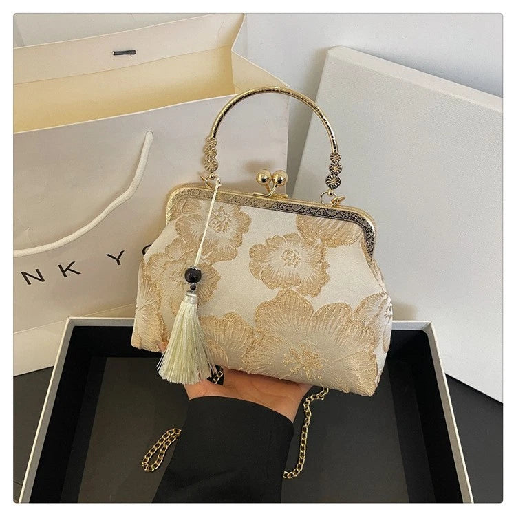 Borsa in seta jacquard avorio e oro, pochette da sera stile orientale vintage