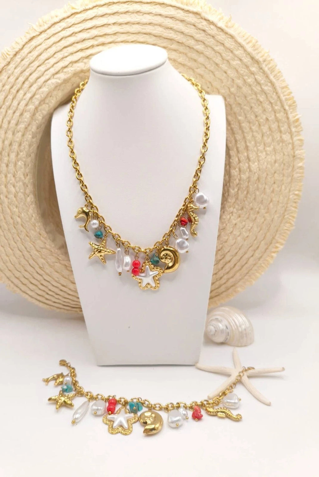 Set Necklace Bracelet Stainless Steel Gold Plated Turquoise Sea Star Charms