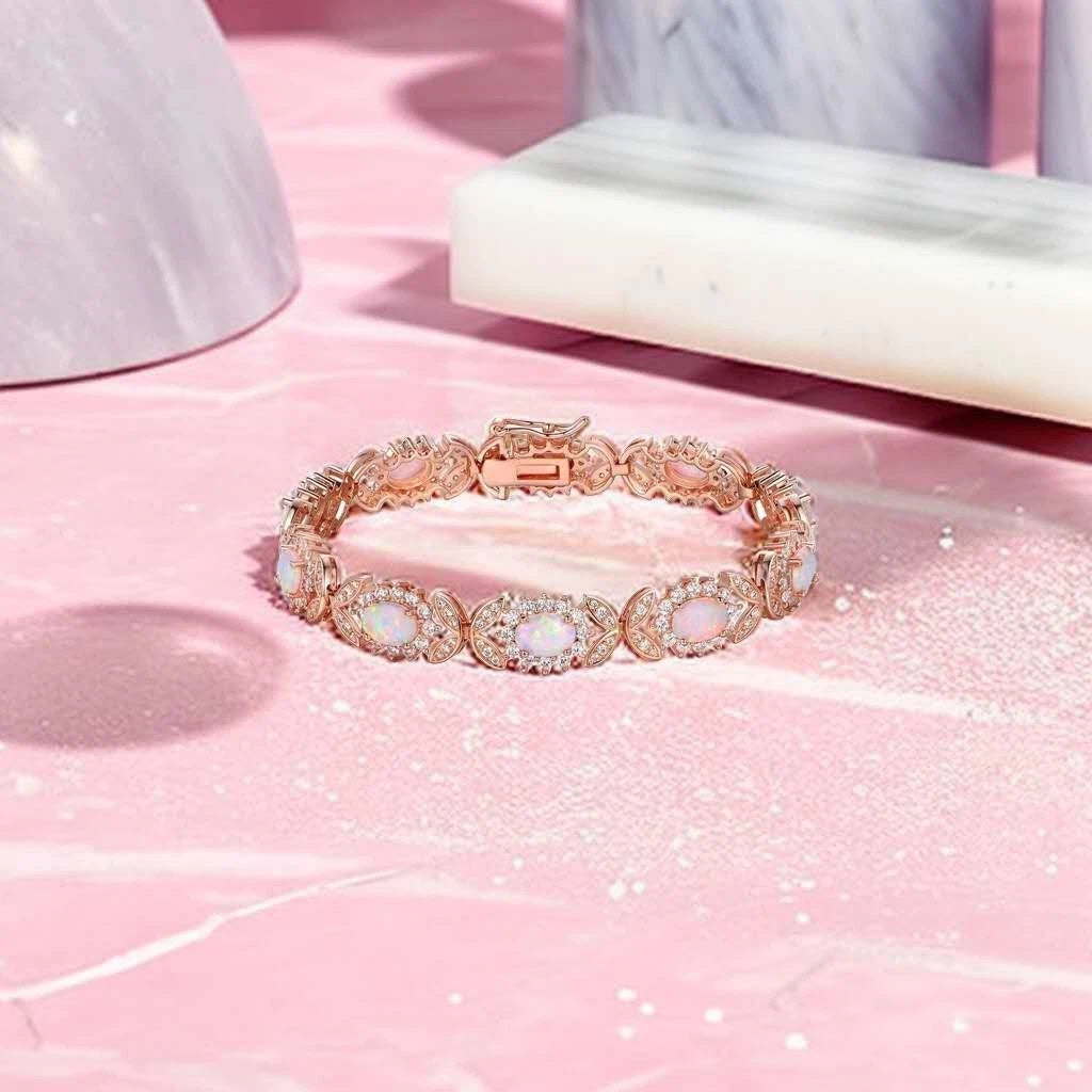 Bracciale in argento 925 con opale, bracciale a maglie floreali con zirconi