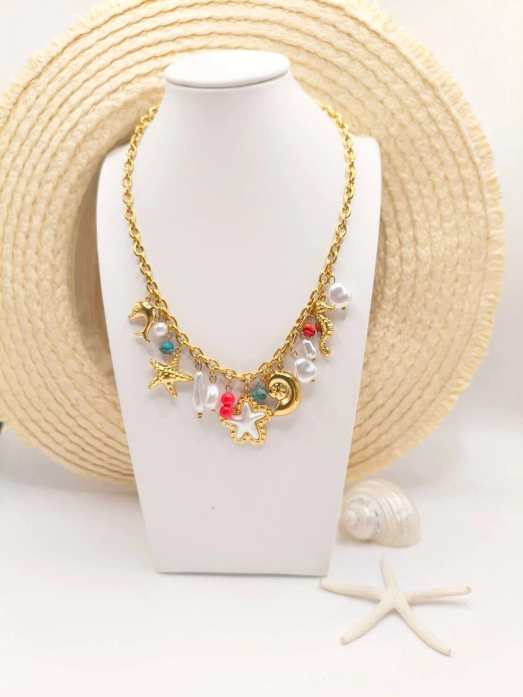 Set Necklace Bracelet Stainless Steel Gold Plated Turquoise Sea Star Charms