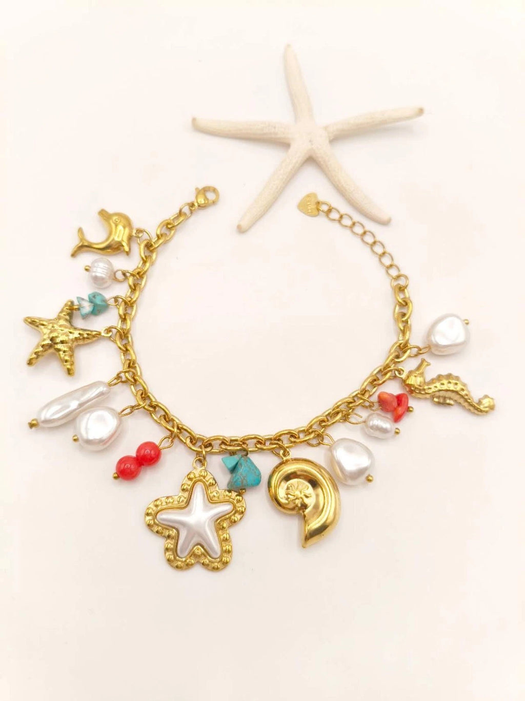 Set Necklace Bracelet Stainless Steel Gold Plated Turquoise Sea Star Charms