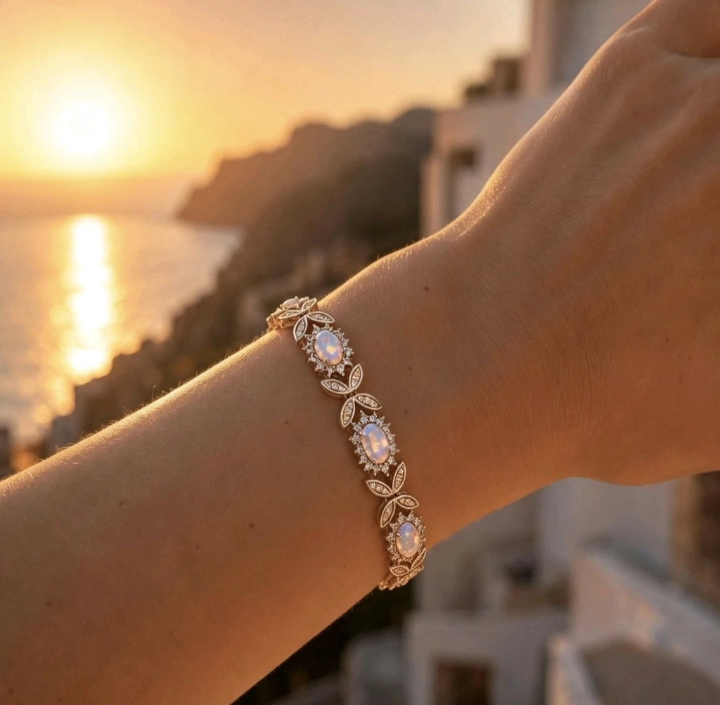 Bracciale in argento 925 con opale, bracciale a maglie floreali con zirconi