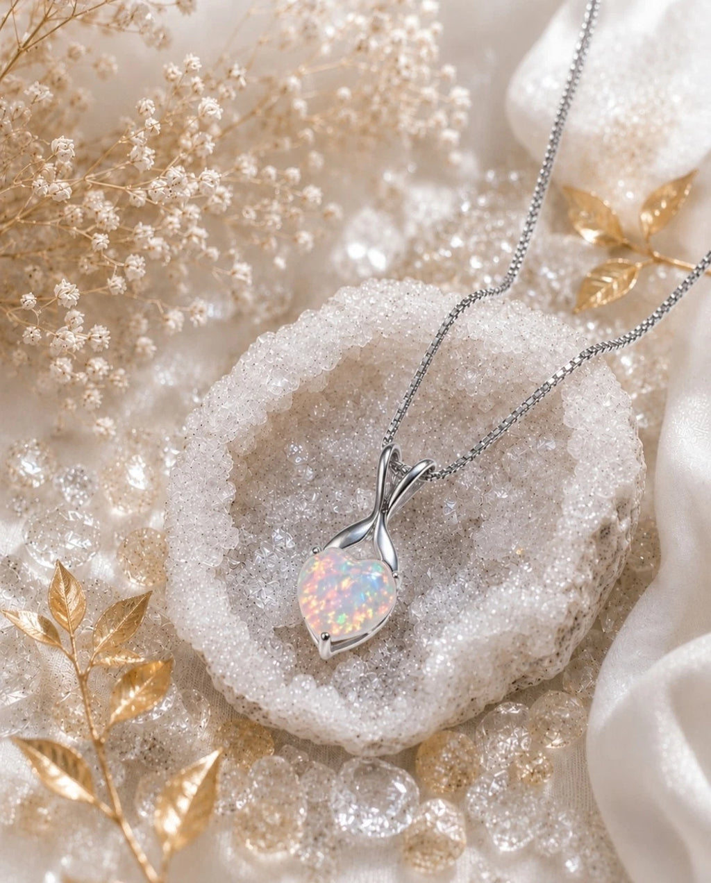 collana placcato in oro bianco 18K con opale a forma di cuore