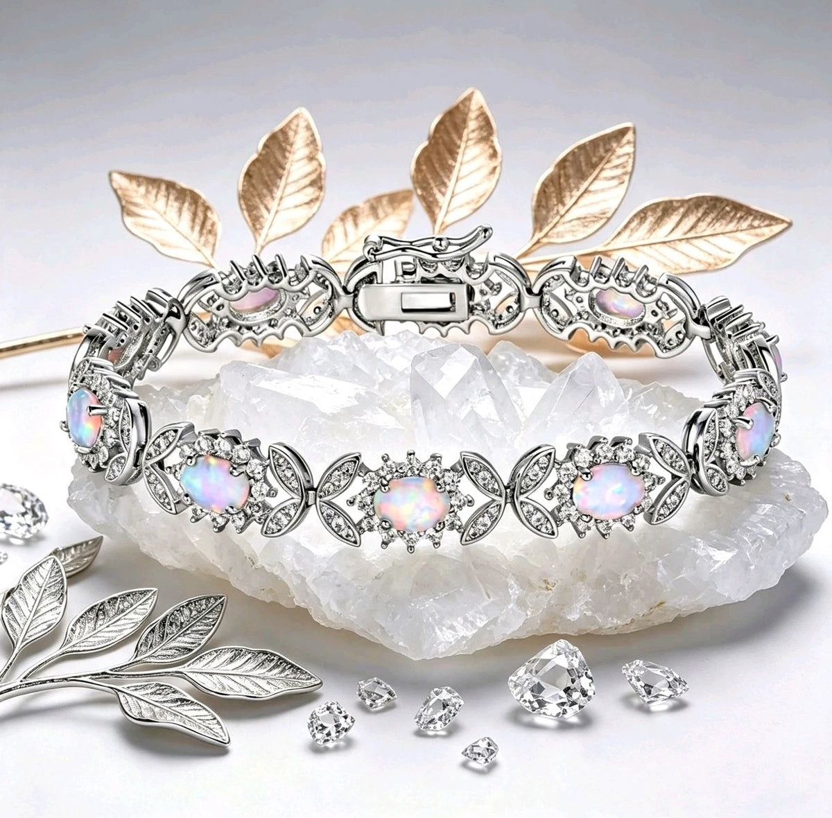Bracciale  in argento 925 con opale, bracciale a maglie floreali con zirconi