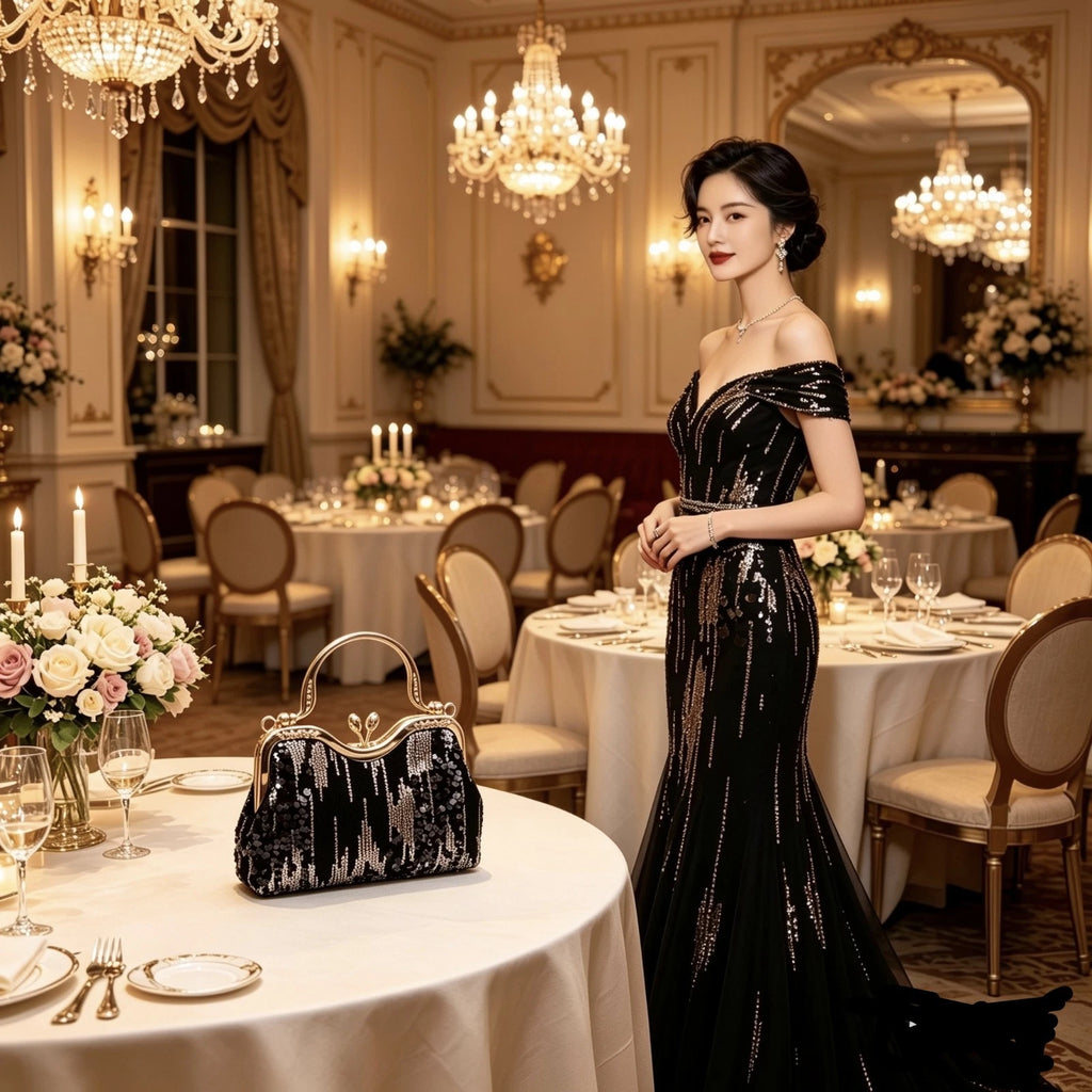 Pochette da sera lustrini nero-oro "Pioggia Dorata", manico + catena removibile