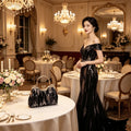 Pochette da sera lustrini nero-oro "Pioggia Dorata", manico + catena removibile
