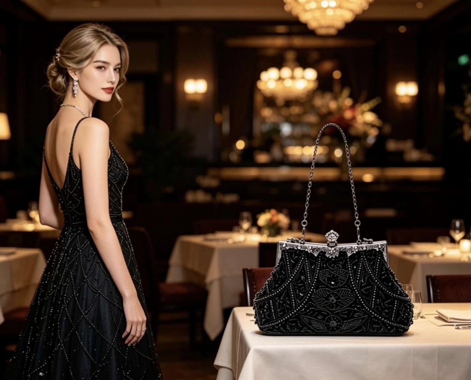 Handgemachte Abendtasche mit Perlen und Kristallen "Goldene Blumen"