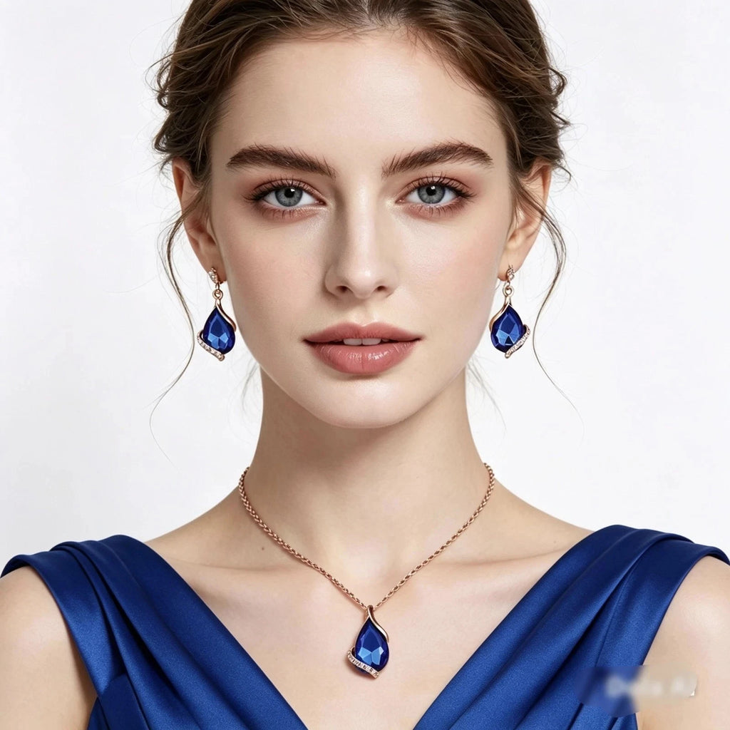 Set Gioielli Zircone Goccia Placcato Oro, Collana Ciondolo e Orecchini Pendenti