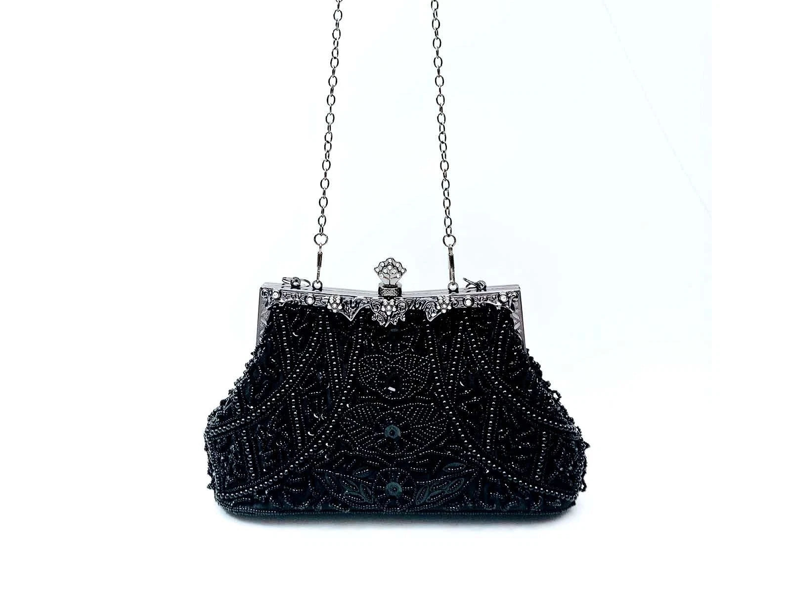 Pochette da sera artigianale con perline e cristalli "Fiori Dorati"