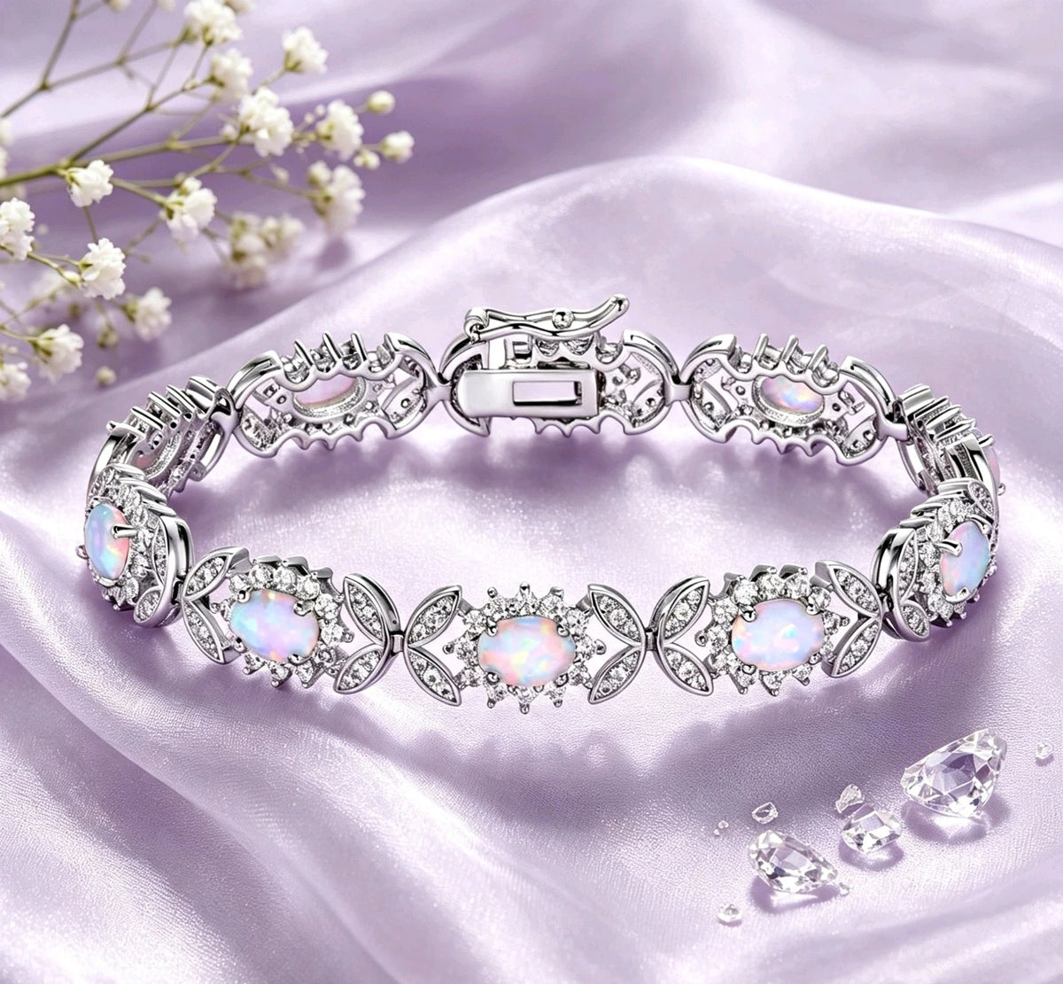 Bracciale  in argento 925 con opale, bracciale a maglie floreali con zirconi