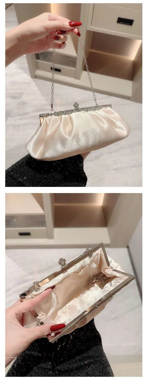 Pochette da sera in raso lucido con finitura strass