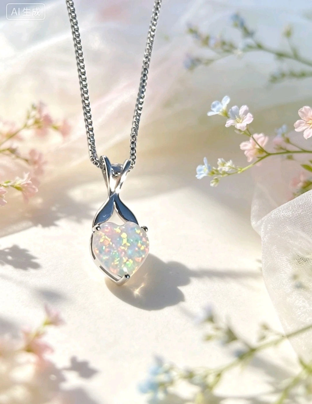 collana placcato in oro bianco 18K con opale a forma di cuore