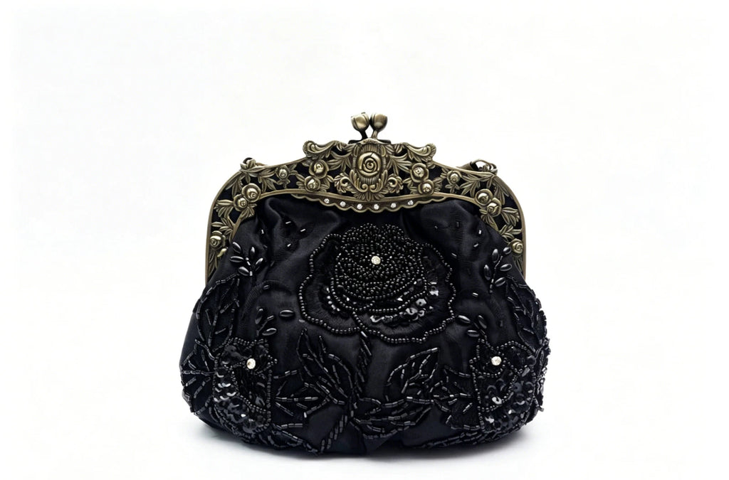 Pochette da sera "Rosa Notturna", raso nero ricamo perline artigianale