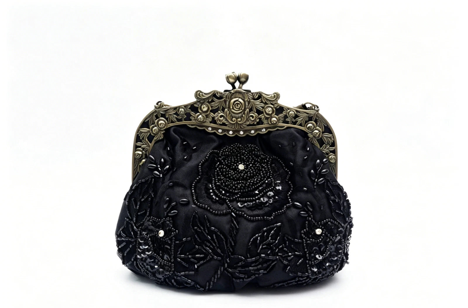 Pochette da sera "Rosa Notturna", raso nero ricamo perline artigianale