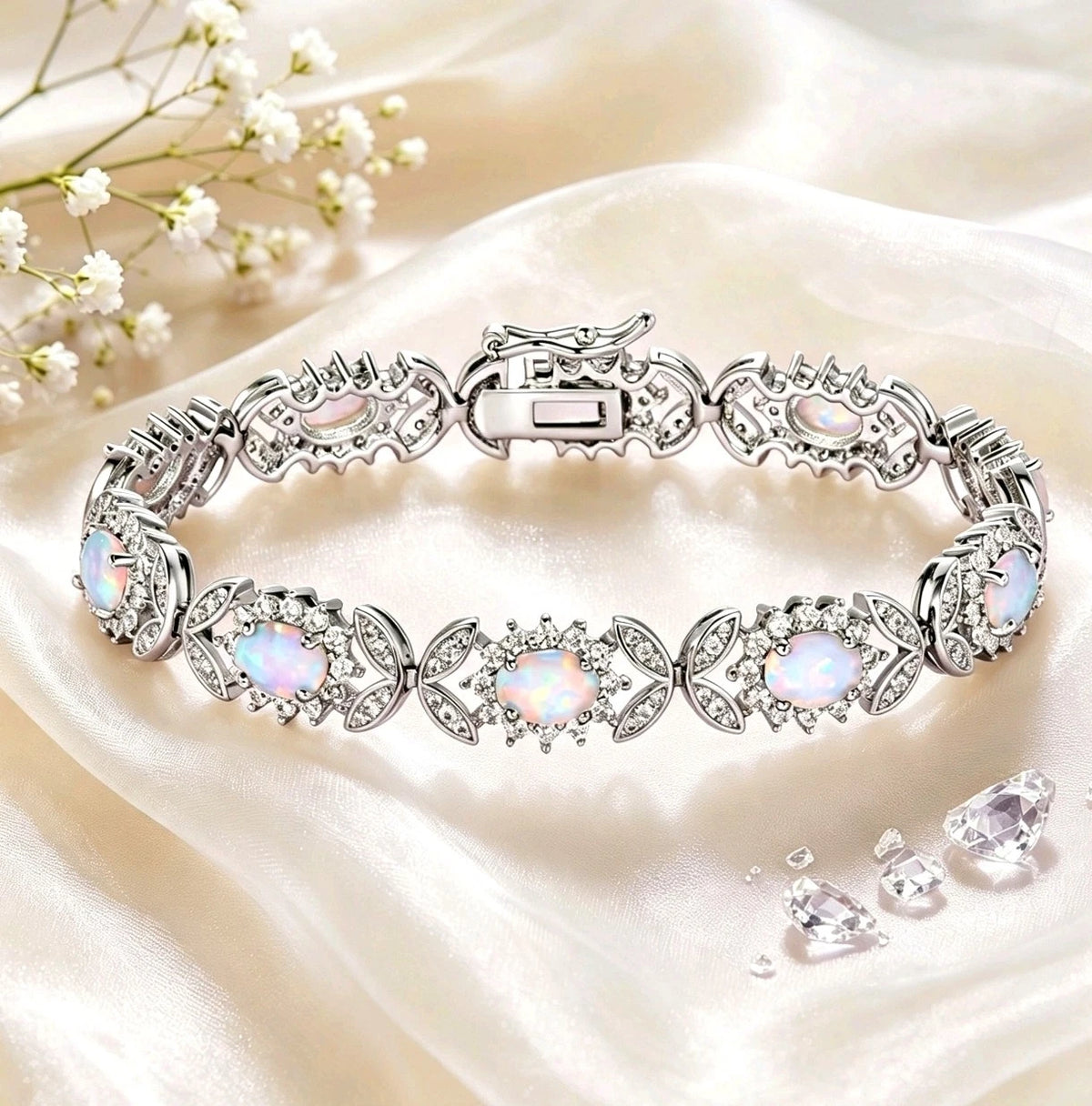 Bracciale  in argento 925 con opale, bracciale a maglie floreali con zirconi