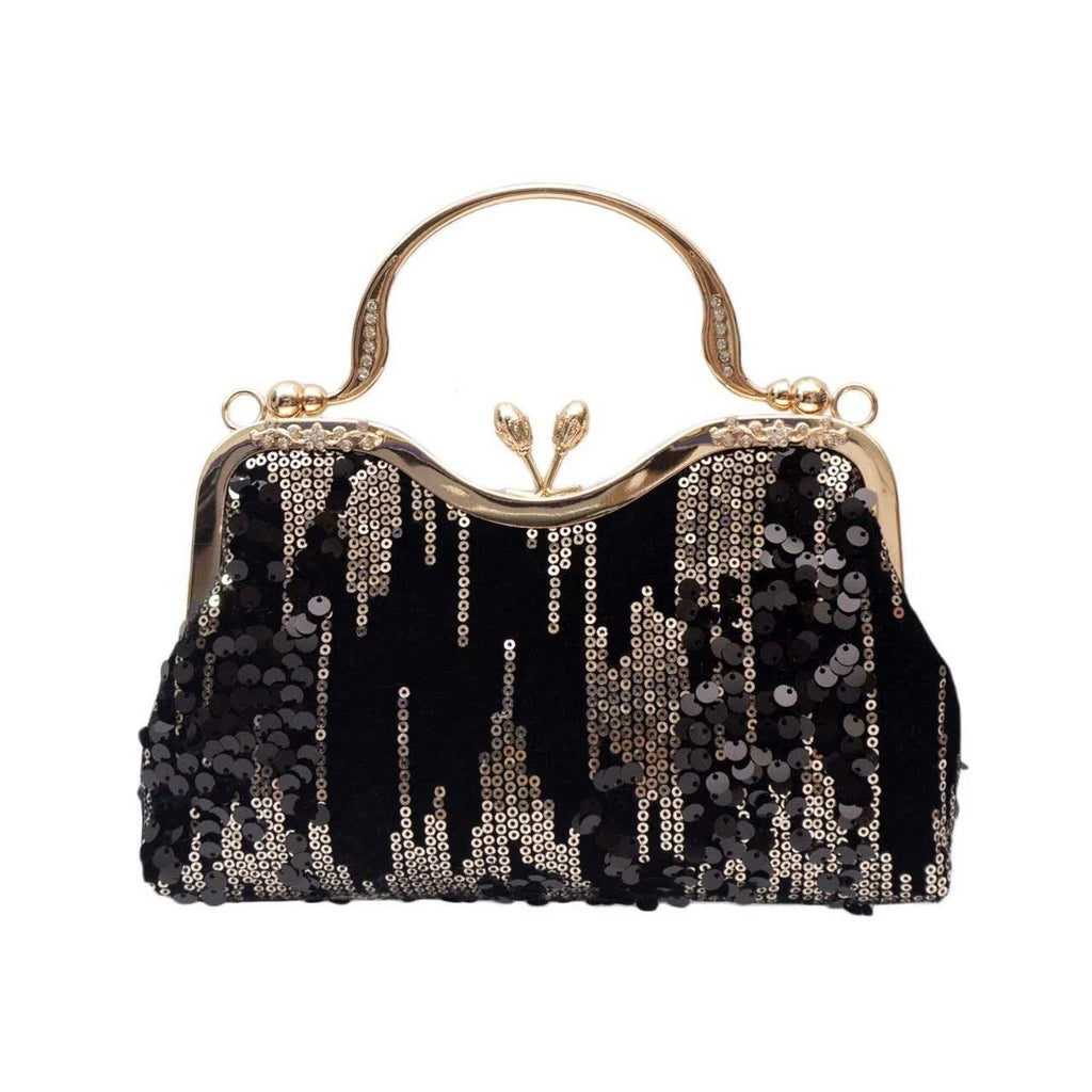 Pochette da sera lustrini nero-oro "Pioggia Dorata", manico + catena removibile