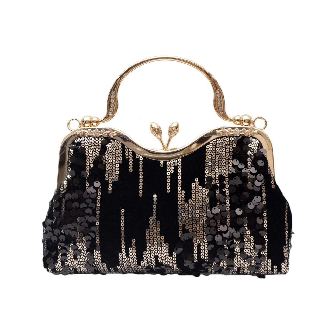 Pochette da sera lustrini nero-oro "Pioggia Dorata", manico + catena removibile