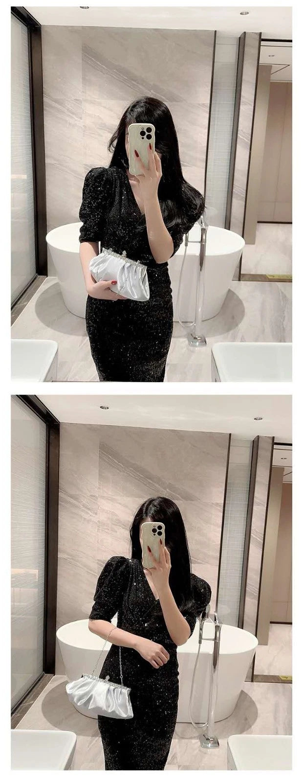 Pochette da sera in raso lucido con finitura strass