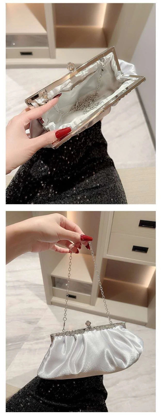 Pochette da sera in raso lucido con finitura strass