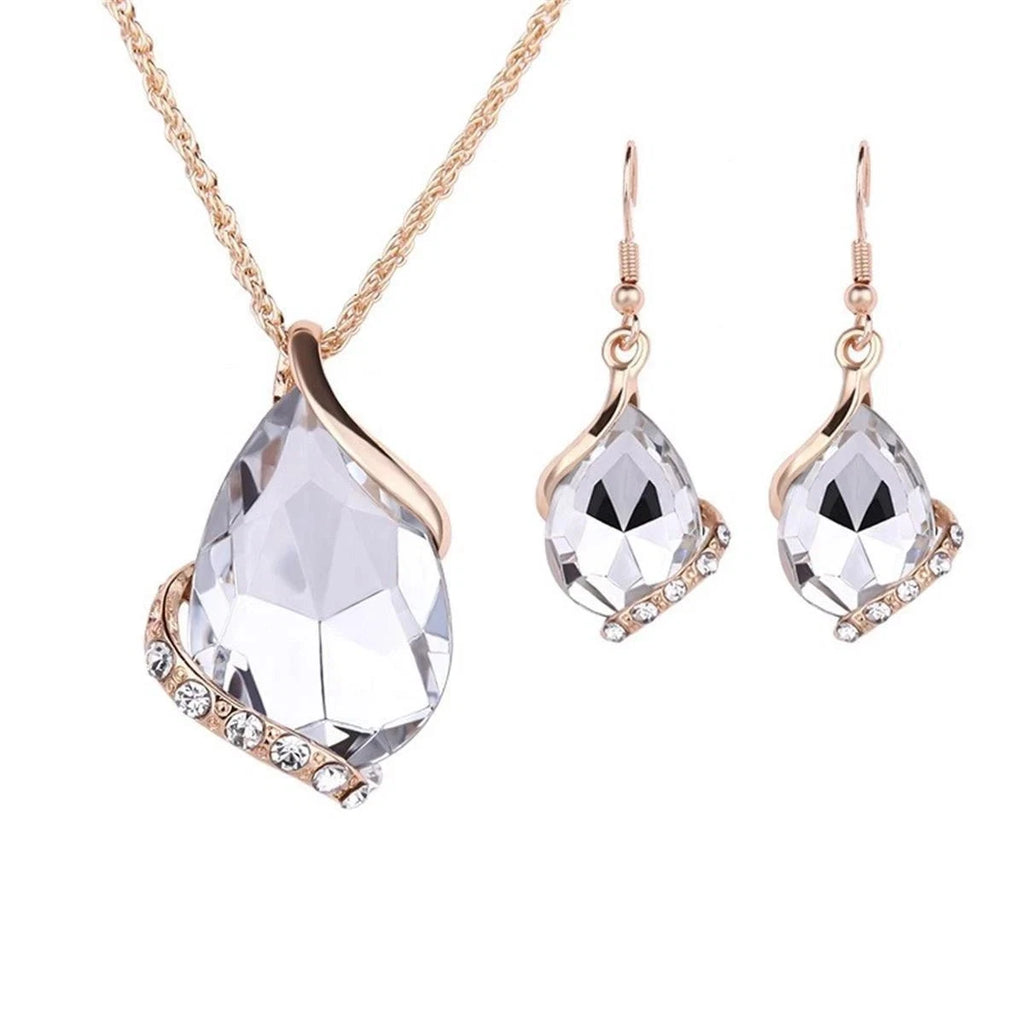 Set Gioielli Zircone Goccia Placcato Oro, Collana Ciondolo e Orecchini Pendenti