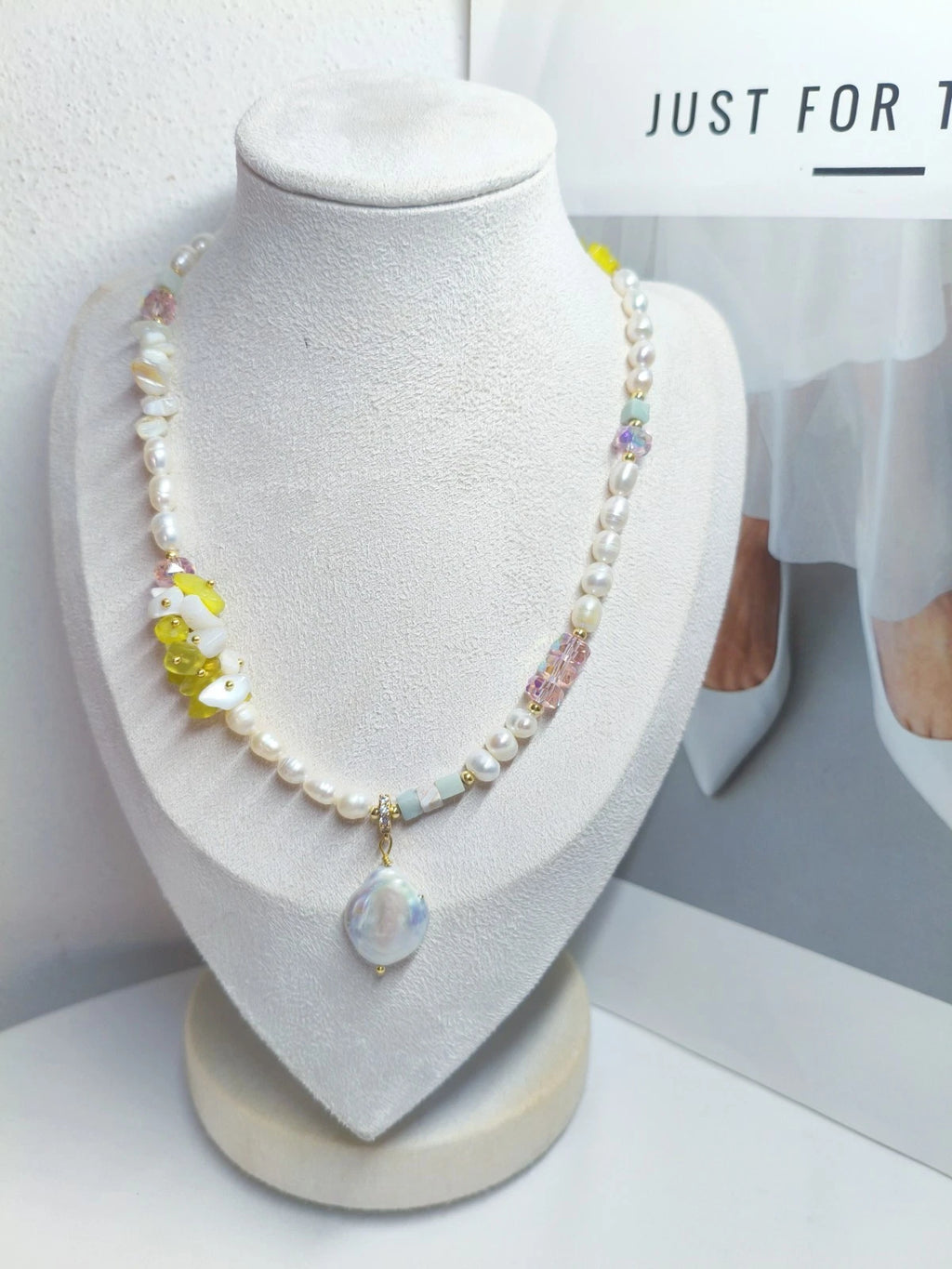 Natural pearl, stone, and crystal necklace with 2 cm baroque pearl pendant