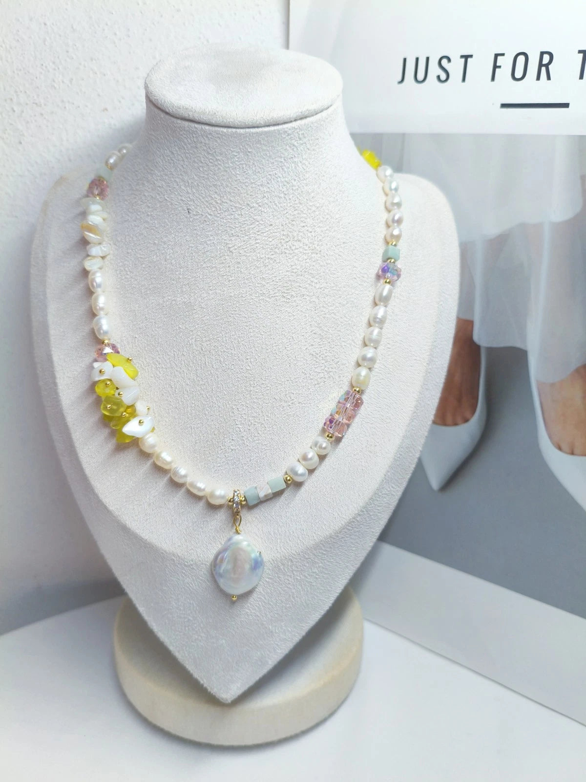 Natural pearl, stone, and crystal necklace with 2 cm baroque pearl pendant