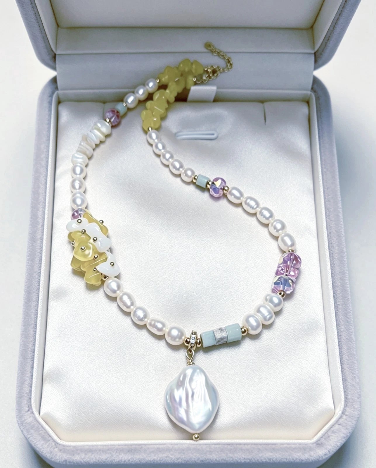Natural pearl, stone, and crystal necklace with 2 cm baroque pearl pendant