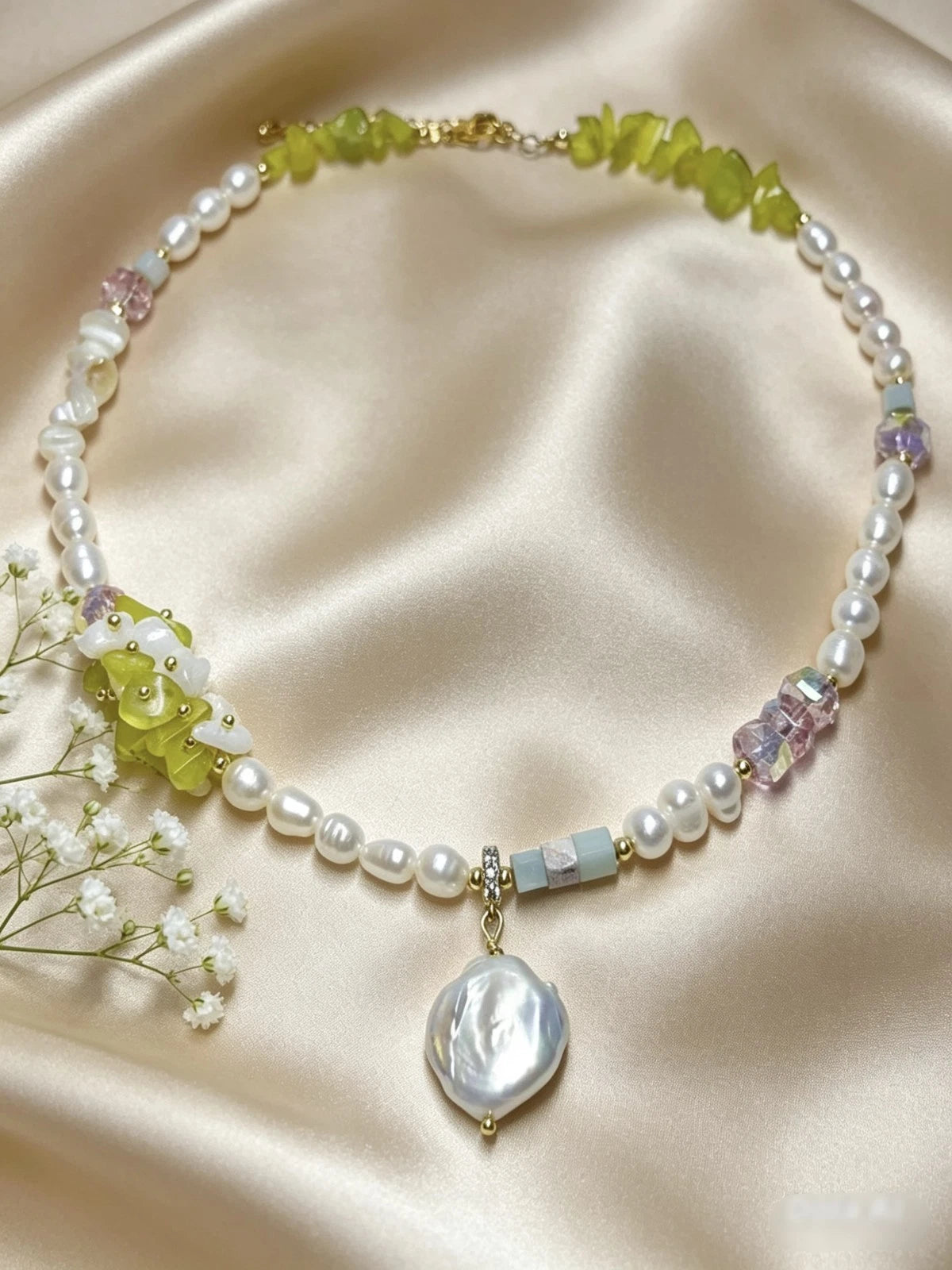 Natural pearl, stone, and crystal necklace with 2 cm baroque pearl pendant